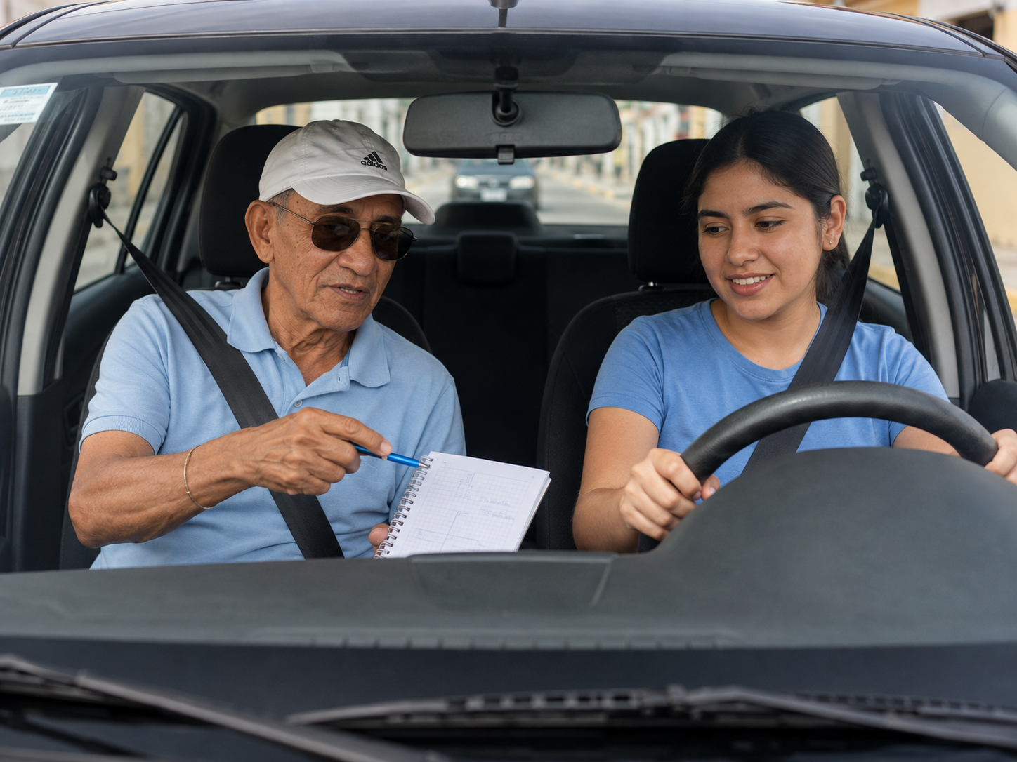 Instructor enseñando a una alumna dentro del vehículo